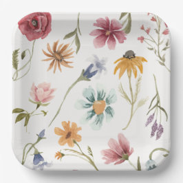 Platos de papel de flores en acuarela