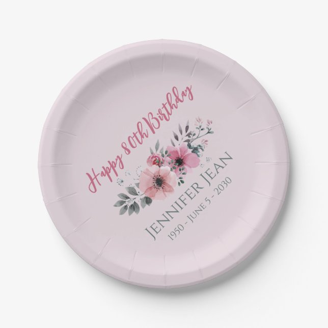 Platos de papel de flores rosadas florales para cu (Anverso)