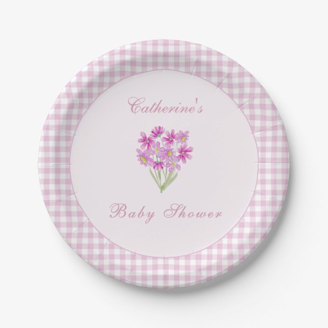 Platos de papel de flores rosadas para baby shower (Anverso)