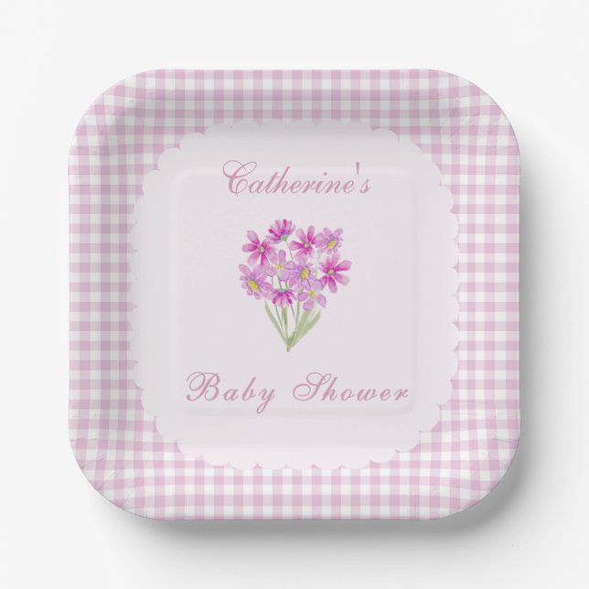 Platos de papel de flores rosadas para baby shower (Anverso)