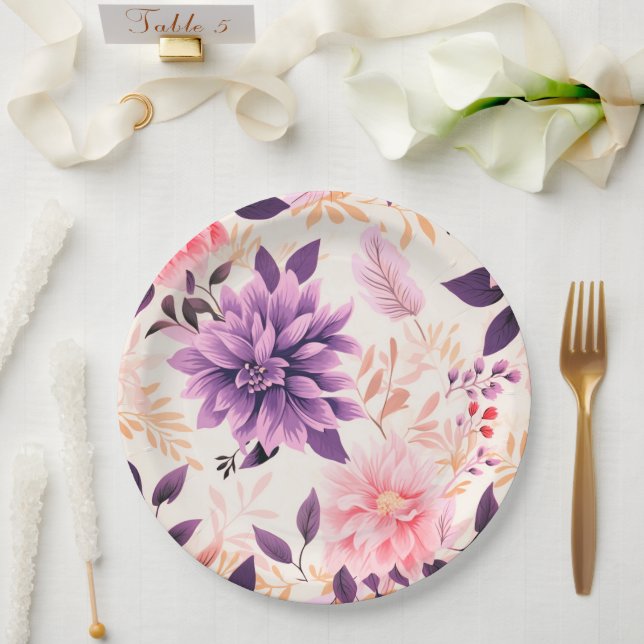 Platos de papel de flores rosado (Boda)