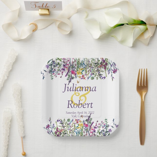 Platos de papel de flores silvestres coloridas par (Boda)