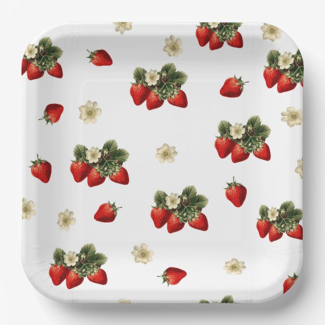 Platos de papel de fresa con flores en blanco (Anverso)