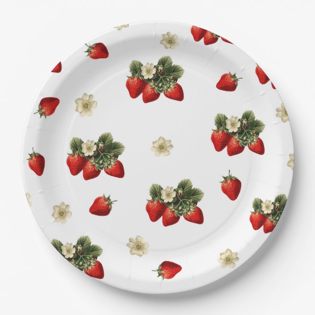 Platos de papel de fresa con flores en blanco (Anverso)