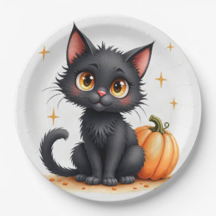 Platos de papel de gato negro lindo de Halloween