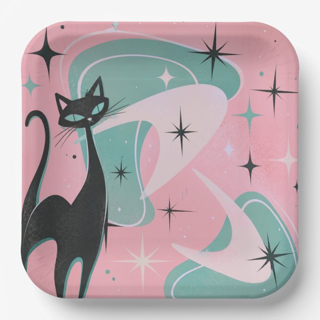 Platos de papel de gato retro rosa (Anverso)