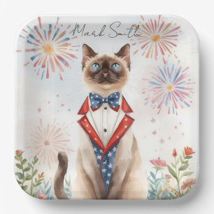 Platos de Papel de Gato Siamés Patriótico del 4 de