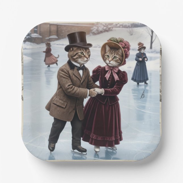 Platos de papel de gatos patinando victorianos (Anverso)