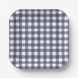 Platos de papel de gingham azul marino sencillos