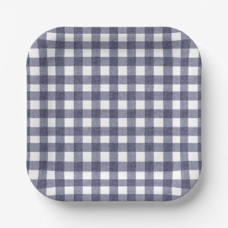 Platos de papel de gingham azul marino sencillos