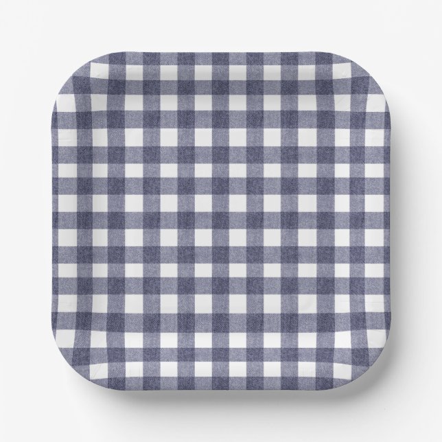 Platos de papel de gingham azul marino sencillos (Anverso)