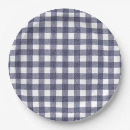Platos de papel de gingham navy simples