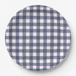 Platos de papel de gingham navy simples