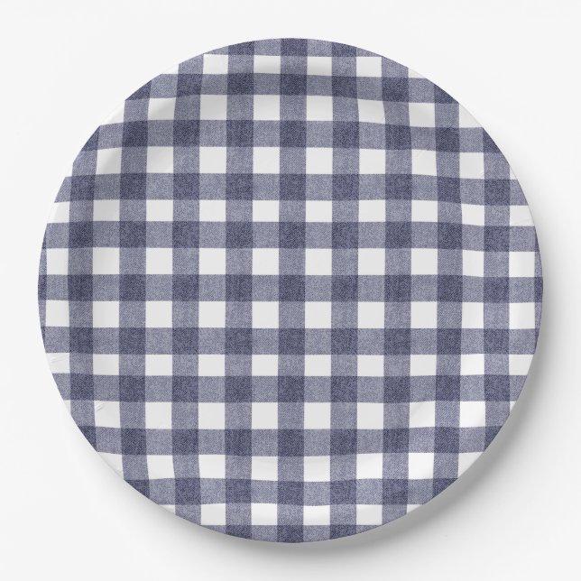Platos de papel de gingham navy simples (Anverso)