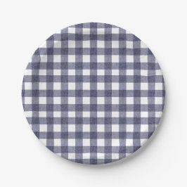 Platos de papel de gingham navy simples