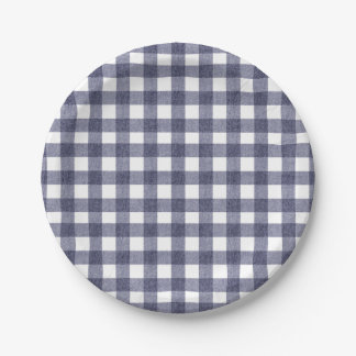 Platos de papel de gingham navy simples