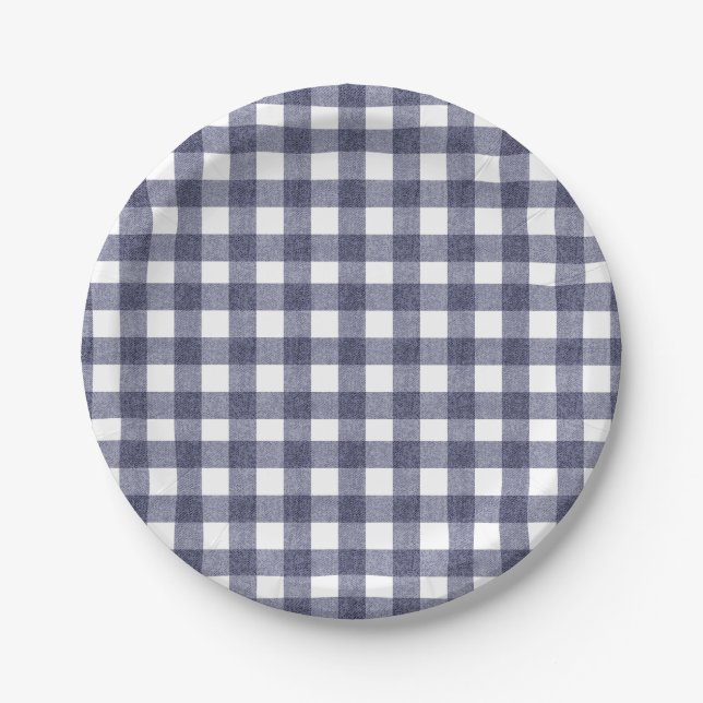 Platos de papel de gingham navy simples (Anverso)