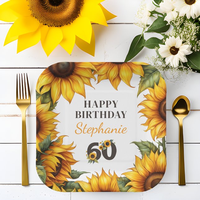 Platos de Papel de Girasoles Personalizados para C (🌻 Sunflower Splendor: Personalized 60th Birthday Paper Plates! 🎈)