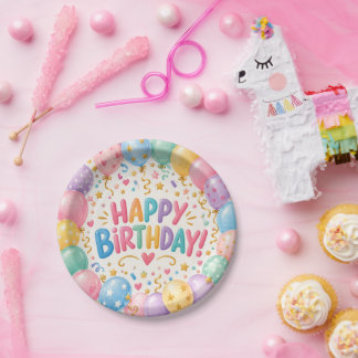 Platos de papel de globos de cumpleaños coloridos
