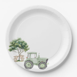 Platos de papel de granja tractor verde acuarela