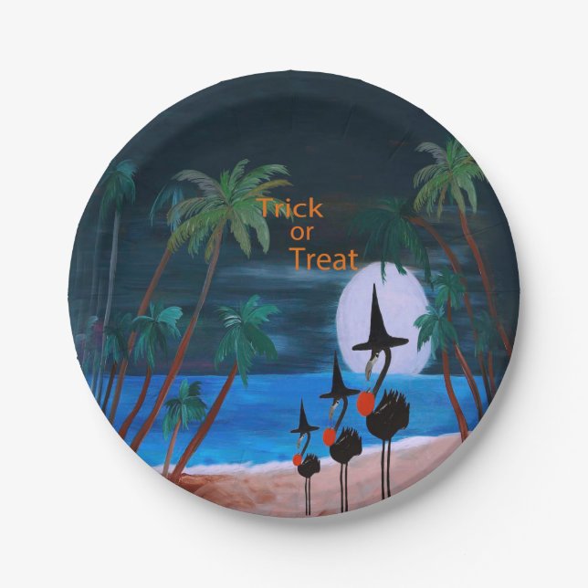 Platos de papel de Halloween con brujas flamencas. (Anverso)