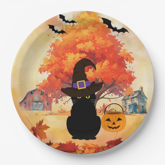 Platos de papel de Halloween de gato negro (Anverso)
