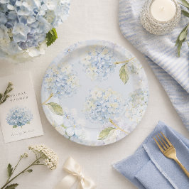 Platos de papel de hortensias azules elegantes