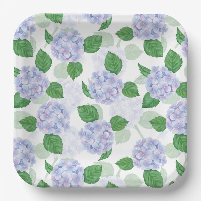 Platos de Papel de Hortensias Azules, Floral Botán (Anverso)