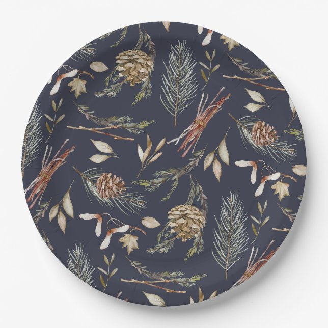 Platos de Papel de Invierno Elegantes con Piñas (Anverso)
