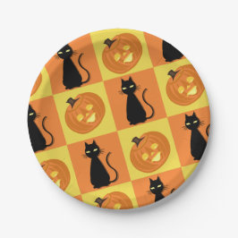 Platos de papel de Jack-o’-lantern y gato.