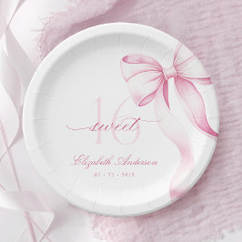Platos de papel de lazo rosa Sweet 16