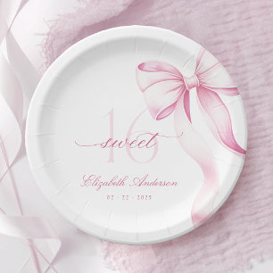 Platos de papel de lazo rosa Sweet 16