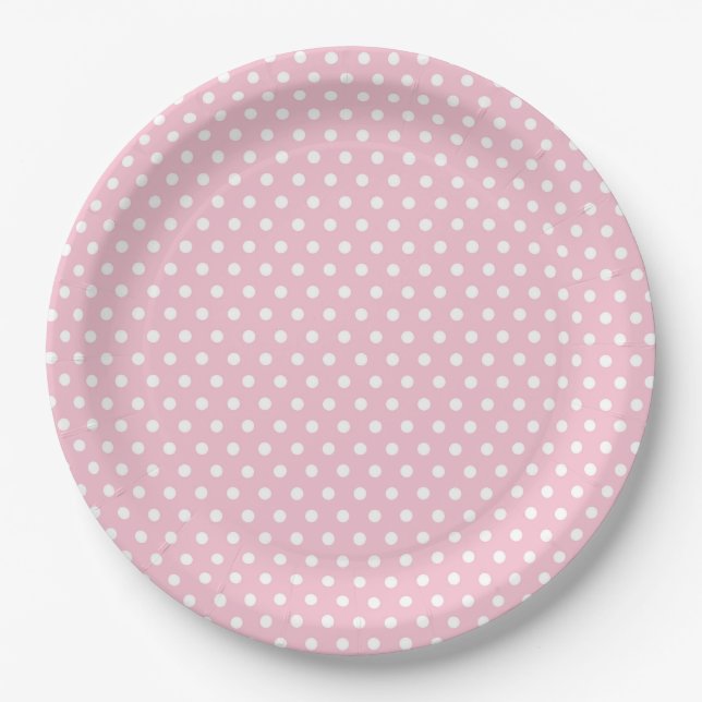 Platos de papel de lunares blancos y rosas (Anverso)
