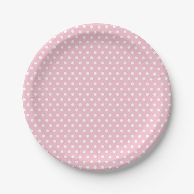 Platos de papel de lunares blancos y rosas (Anverso)