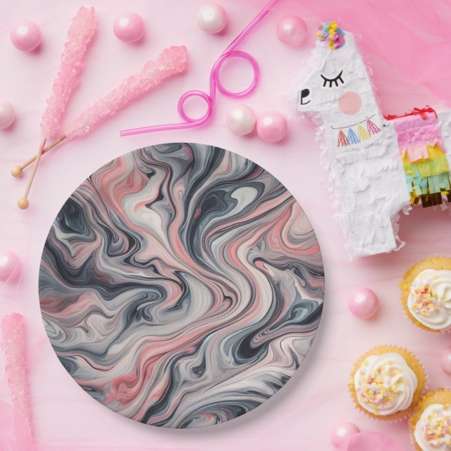 Platos de papel de mármol líquido gris, rosa y bla (Fiesta)