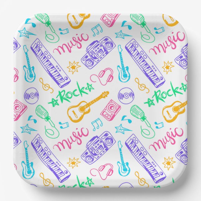Platos de papel de música, instrumentos musicales  (Anverso)
