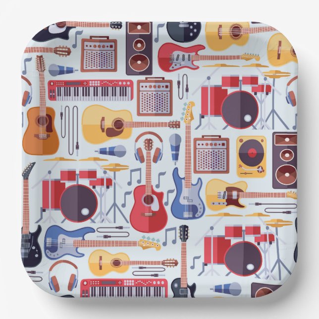 Platos de papel de música, instrumentos musicales  (Anverso)