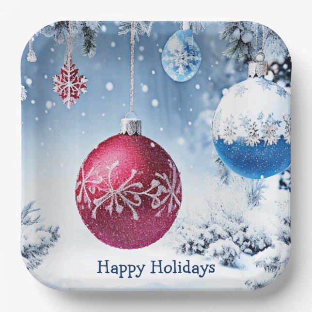 Platos de Papel de Navidad Bolas Nevadas Fiesta (Anverso)