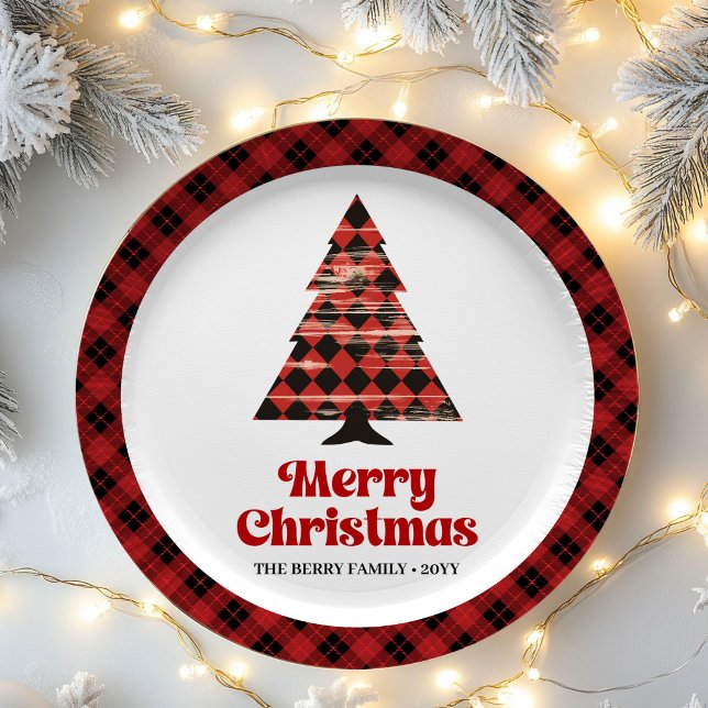 Platos de papel de Navidad con árbol de cuadros es (Cozy Farmhouse Plaid Tree Christmas Paper Plates)