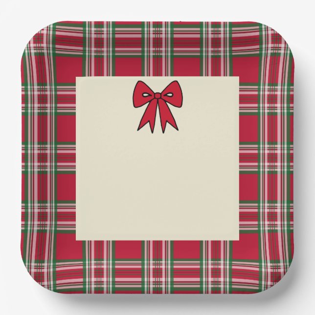 Platos de papel de Navidad con cuadros escoceses (Anverso)