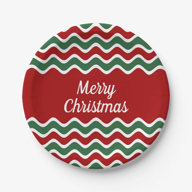 Platos de papel de Navidad con rayas rojas y verde (Anverso)