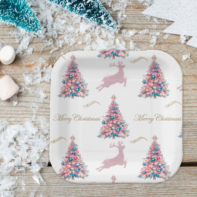 Platos de papel de Navidad de renos pastel brillan (Sparkling Pastel Reindeer Christmas Paper Plate by the Olde Christmas Shoppe)