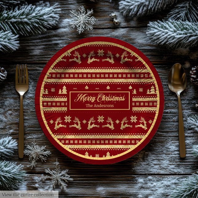 Platos de Papel de Navidad Nombre Personalizado Lu (Custom Name Christmas Paper Plates Luxe Red Gold)