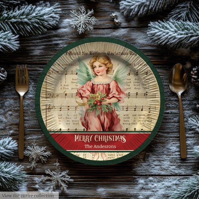 Platos de papel de Navidad personalizados con acen (Custom Christmas Paper Plates Vintage Angel Accent)