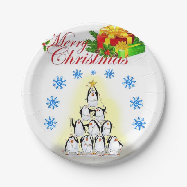 Platos de Papel de Navidad, Pingüino Feliz Navidad (Anverso)