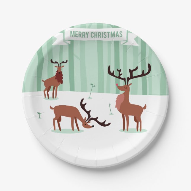 Platos de papel de Navidades de renos trillados (Anverso)