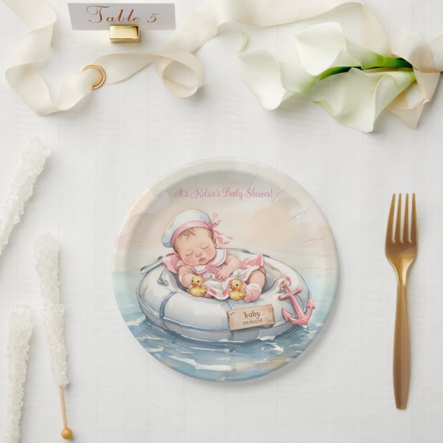 Platos de papel de niña marinera rosa (Boda)