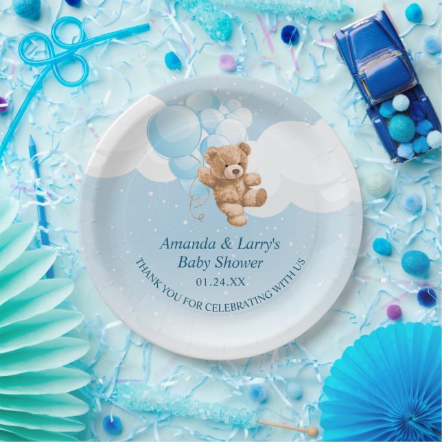 Platos de papel de osito de peluche con globos azu (Fiesta)