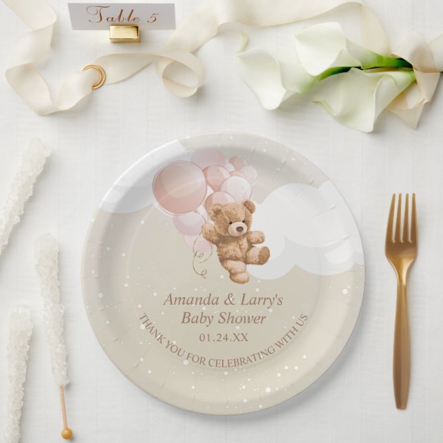 Platos de papel de osito de peluche con globos ros (Boda)