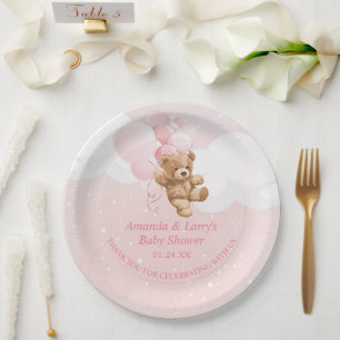 Platos de papel de osito de peluche rosa con globo